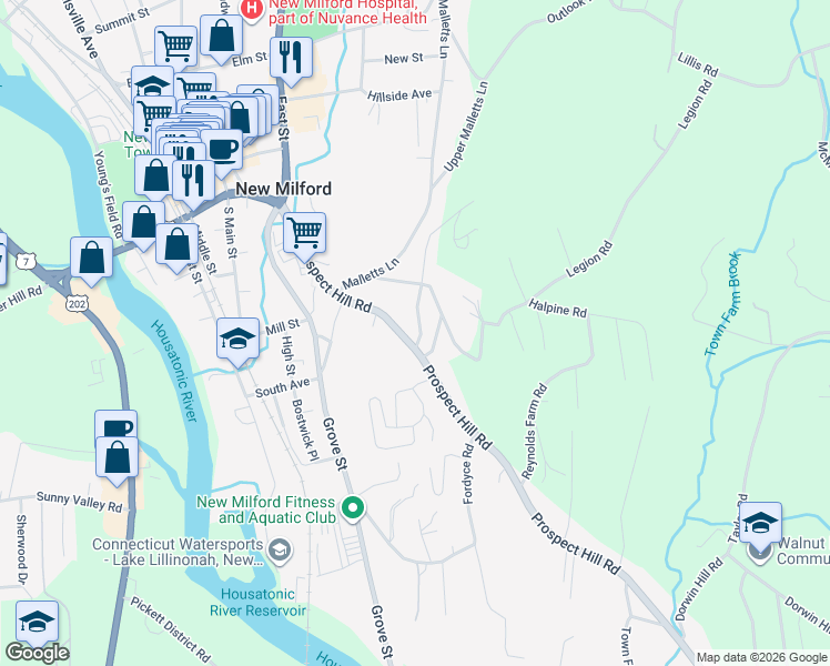 map of restaurants, bars, coffee shops, grocery stores, and more near 85 Prospect Hill Road in New Milford