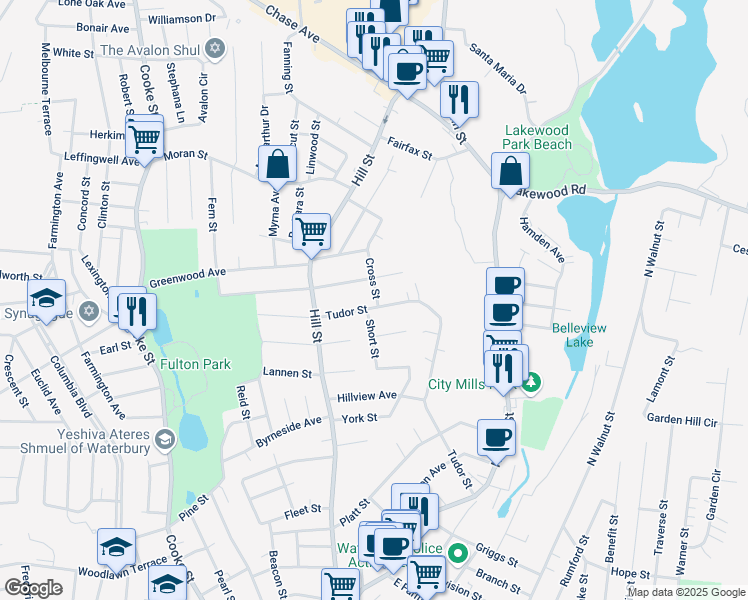 map of restaurants, bars, coffee shops, grocery stores, and more near 327 Tudor Street in Waterbury