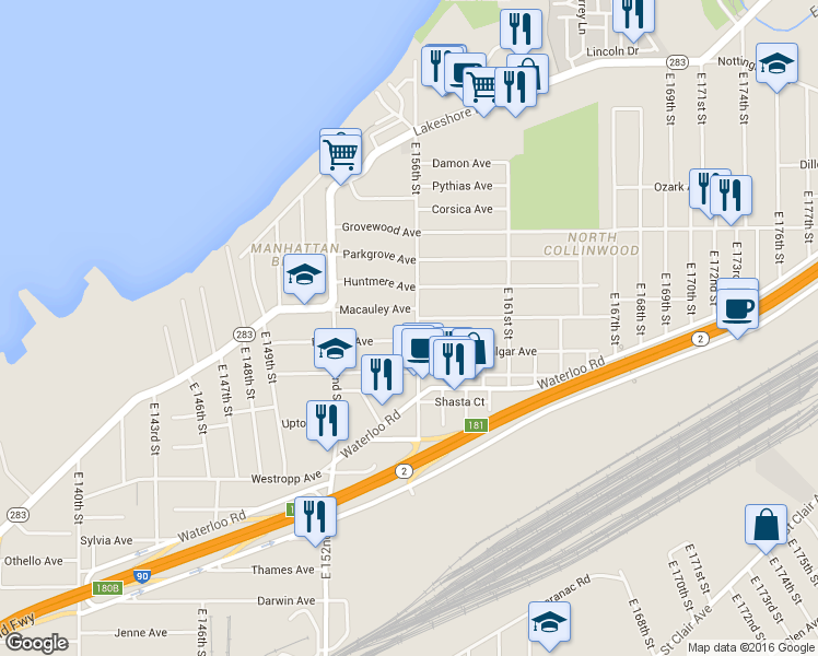 map of restaurants, bars, coffee shops, grocery stores, and more near 15417 Ridpath Avenue in Cleveland