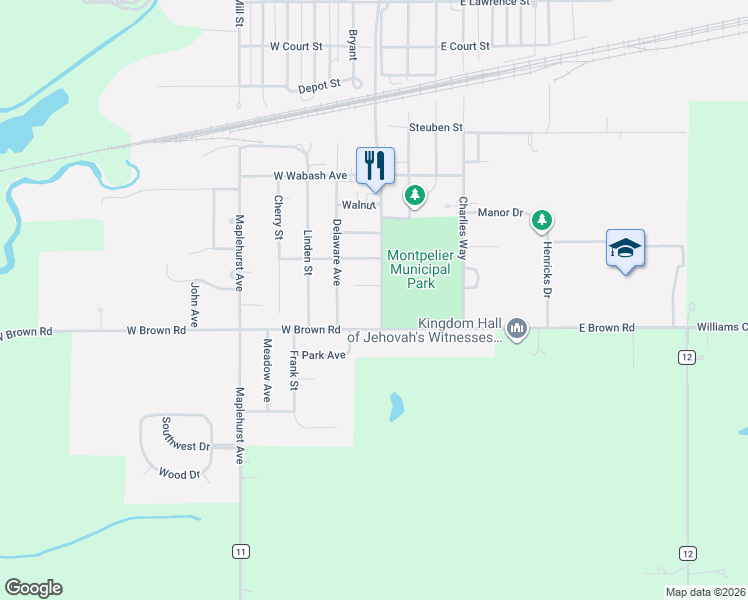 map of restaurants, bars, coffee shops, grocery stores, and more near 1327 South Platt Street in Montpelier