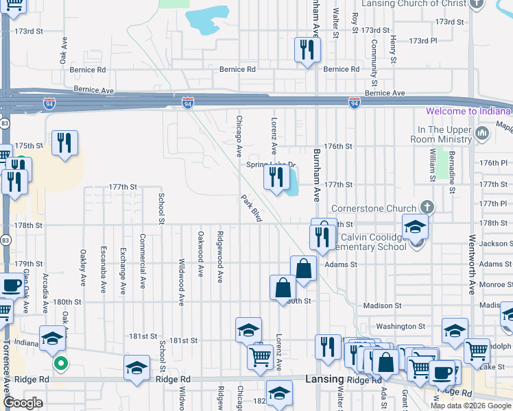 map of restaurants, bars, coffee shops, grocery stores, and more near 17735 Park Boulevard in Lansing