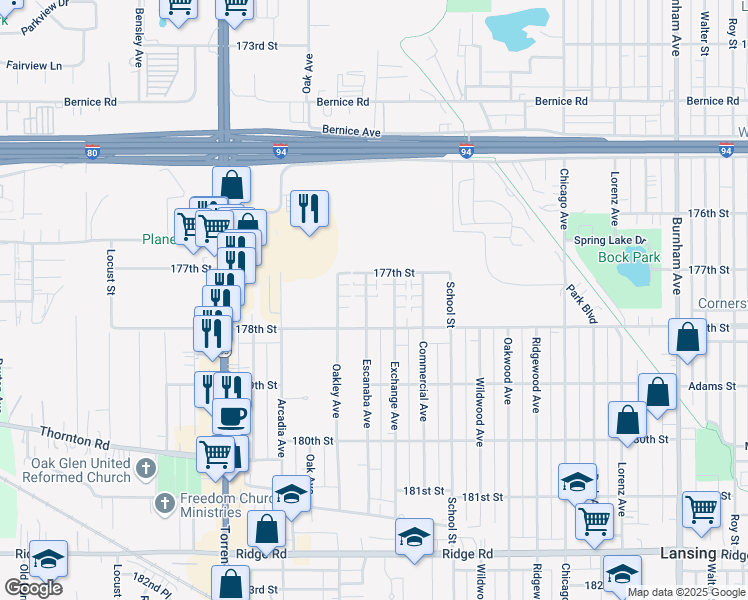 map of restaurants, bars, coffee shops, grocery stores, and more near 17740 Exchange Avenue in Lansing