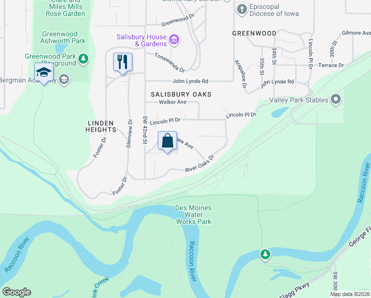 map of restaurants, bars, coffee shops, grocery stores, and more near 3818 Muskogee Avenue in Des Moines