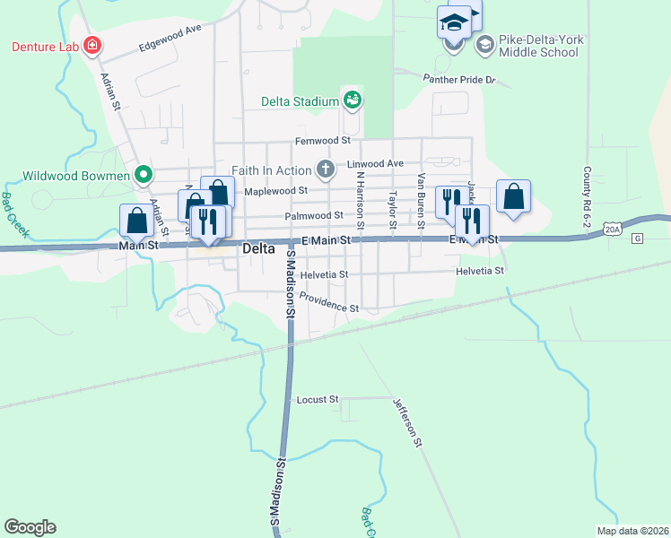 map of restaurants, bars, coffee shops, grocery stores, and more near 200 Jefferson Street in Delta