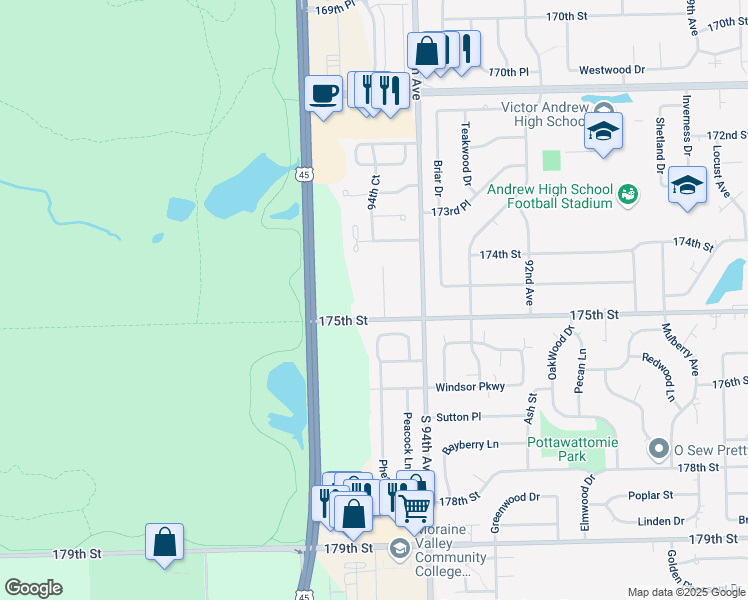 map of restaurants, bars, coffee shops, grocery stores, and more near 17430 94th Court in Tinley Park