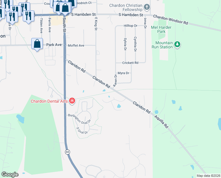 map of restaurants, bars, coffee shops, grocery stores, and more near 112 Gentry Court in Chardon