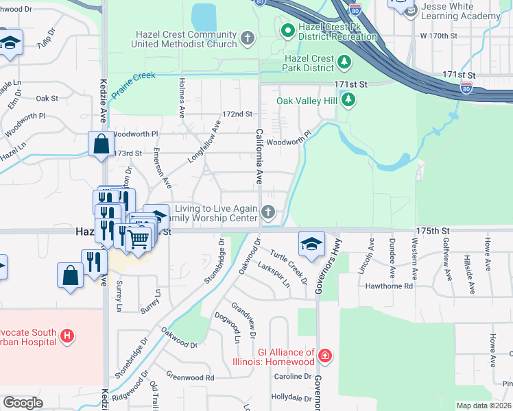 map of restaurants, bars, coffee shops, grocery stores, and more near 2805 Lexington Drive in Hazel Crest