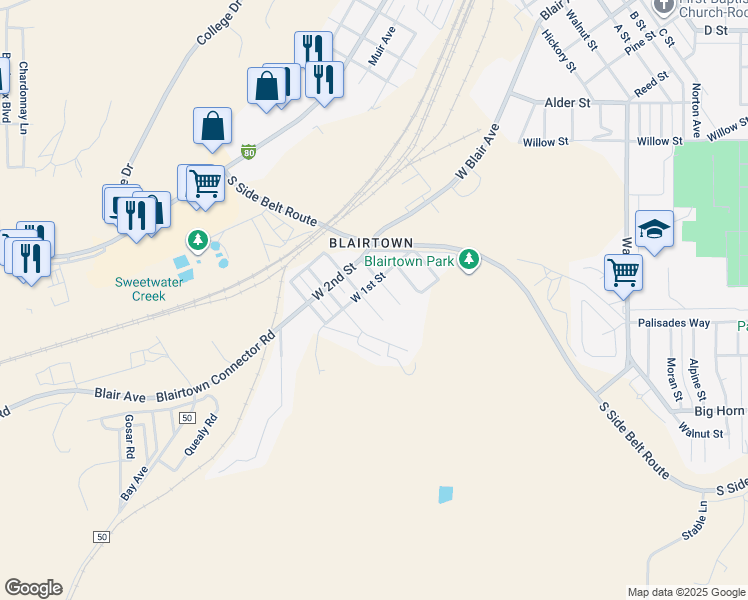 map of restaurants, bars, coffee shops, grocery stores, and more near 737 4th Avenue West in Rock Springs