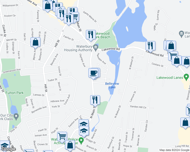 map of restaurants, bars, coffee shops, grocery stores, and more near 15 Bellevue Street in Waterbury