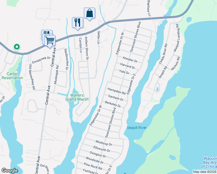 map of restaurants, bars, coffee shops, grocery stores, and more near 140 Edgewater Road in Mashpee