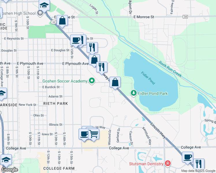 map of restaurants, bars, coffee shops, grocery stores, and more near 1401 Park 33 Boulevard in Goshen