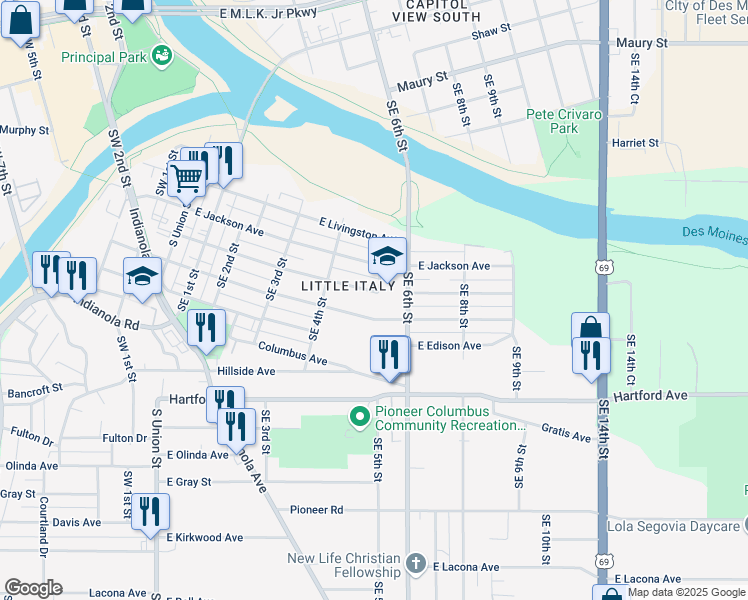 map of restaurants, bars, coffee shops, grocery stores, and more near 509 East Dunham Avenue in Des Moines