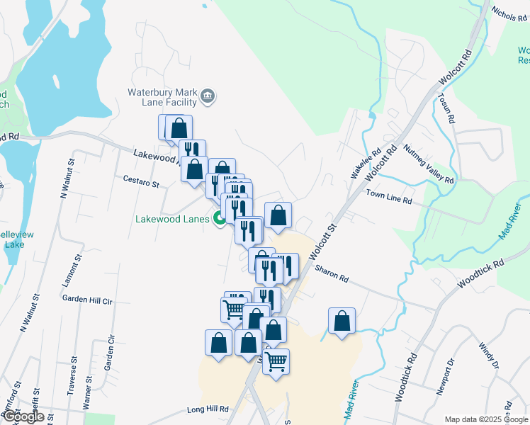 map of restaurants, bars, coffee shops, grocery stores, and more near 87 Industry Lane in Waterbury