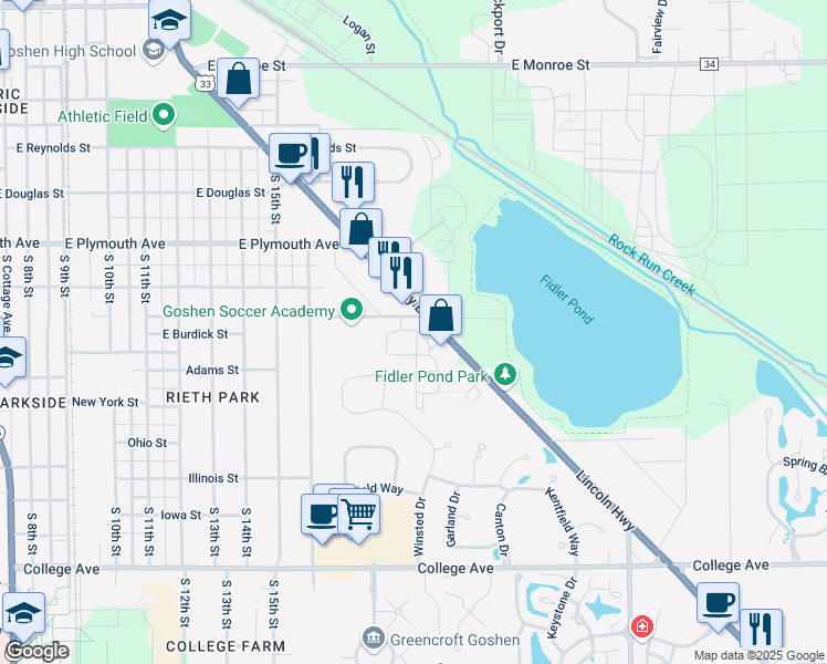 map of restaurants, bars, coffee shops, grocery stores, and more near 1401 Park 33 Boulevard in Goshen