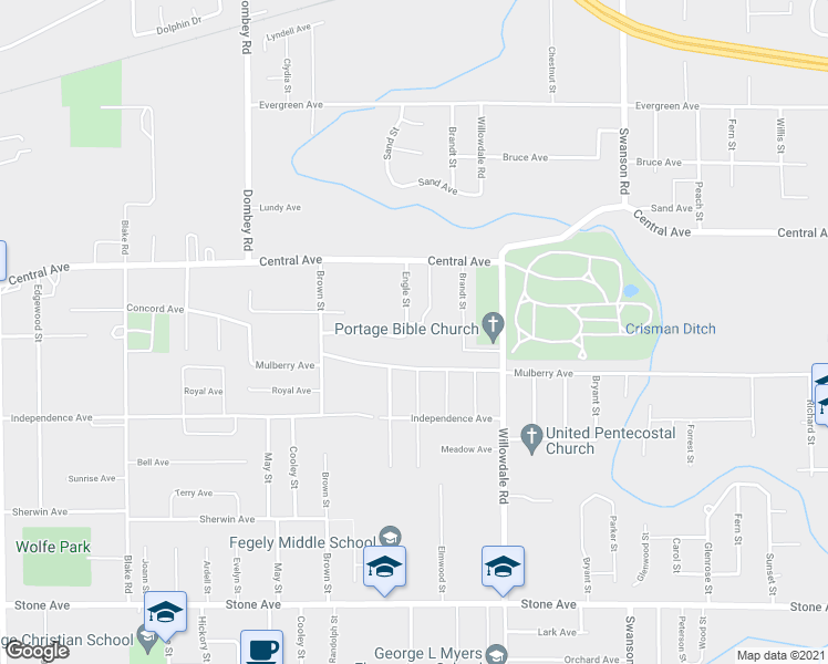 map of restaurants, bars, coffee shops, grocery stores, and more near 2725 Engle Street in Portage