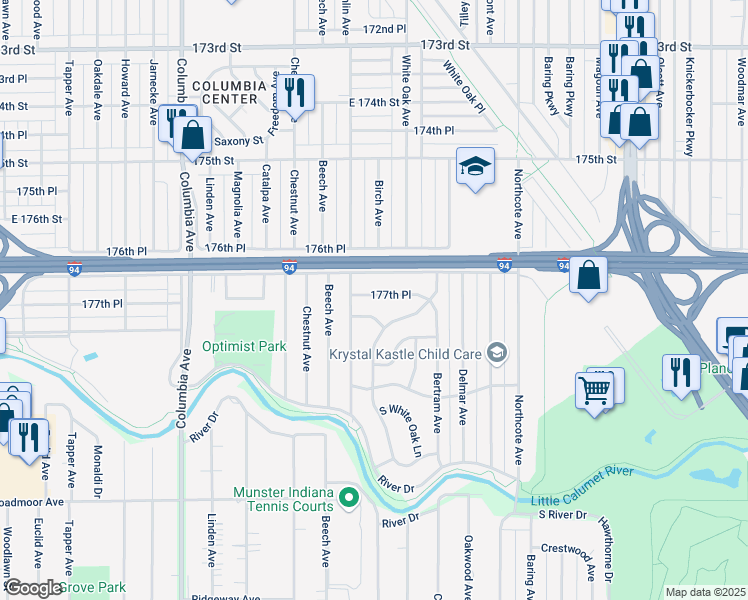 map of restaurants, bars, coffee shops, grocery stores, and more near 1568 177th Place in Hammond
