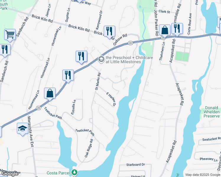 map of restaurants, bars, coffee shops, grocery stores, and more near 30 East Harbor Drive in Falmouth