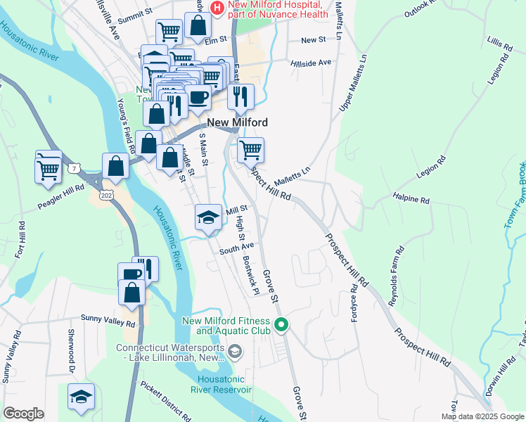 map of restaurants, bars, coffee shops, grocery stores, and more near 61 Grove Street in New Milford