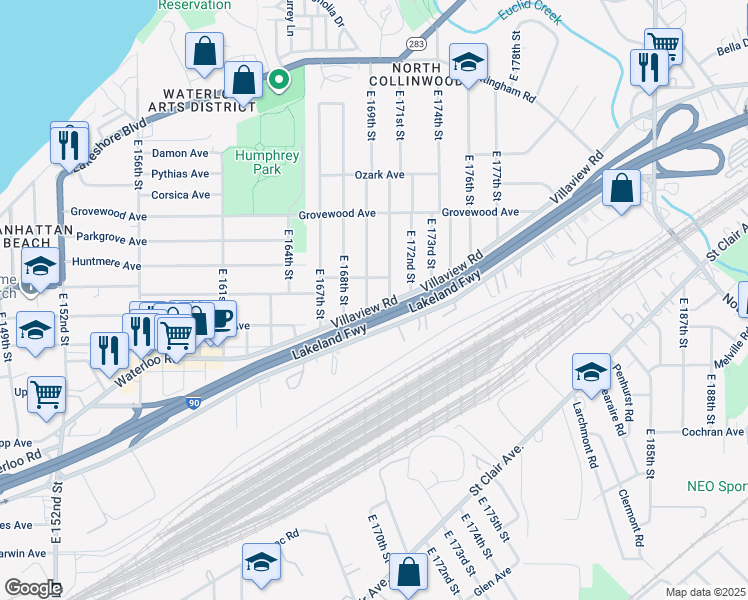 map of restaurants, bars, coffee shops, grocery stores, and more near 1280 East 169th Street in Cleveland