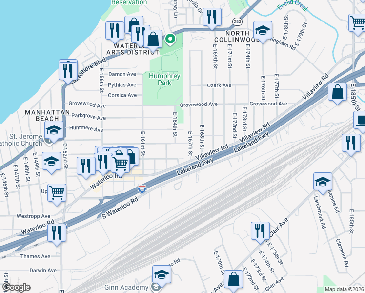 map of restaurants, bars, coffee shops, grocery stores, and more near 16409 Trafalgar Avenue in Cleveland