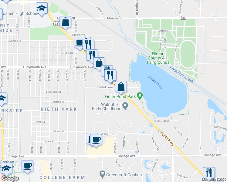 map of restaurants, bars, coffee shops, grocery stores, and more near 1401 Park 33 Boulevard in Goshen