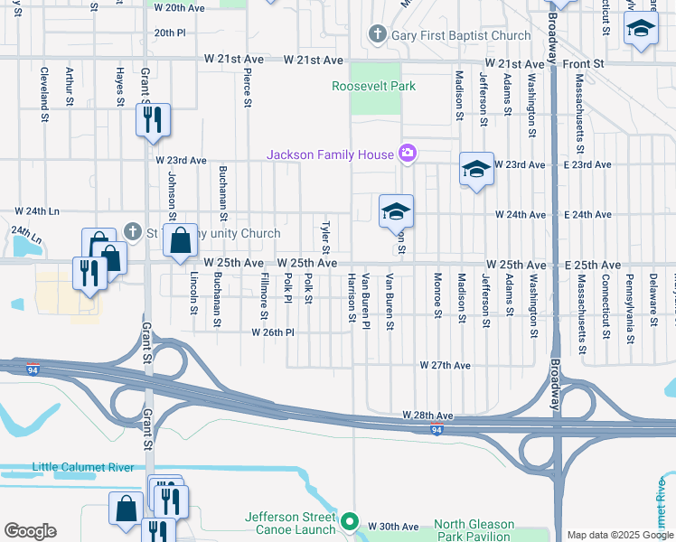 map of restaurants, bars, coffee shops, grocery stores, and more near 2524 Harrison Street in Gary