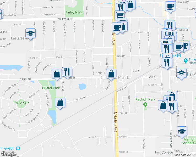 map of restaurants, bars, coffee shops, grocery stores, and more near 7330 Sandalwood Drive in Tinley Park