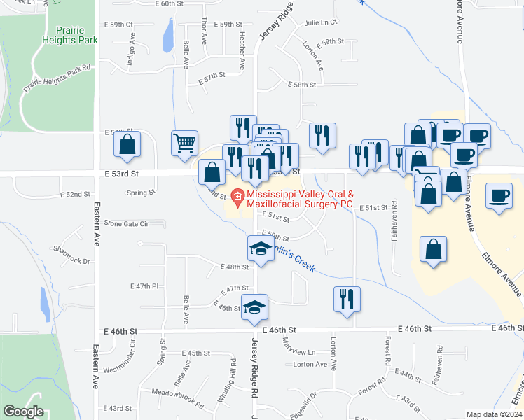 map of restaurants, bars, coffee shops, grocery stores, and more near 2403 Jersey Ridge Road in Davenport