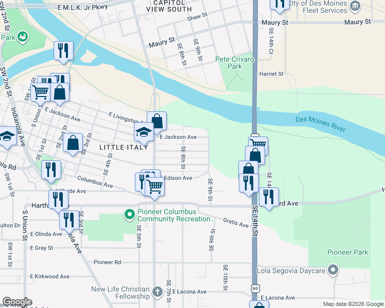 map of restaurants, bars, coffee shops, grocery stores, and more near 826 East Dunham Avenue in Des Moines