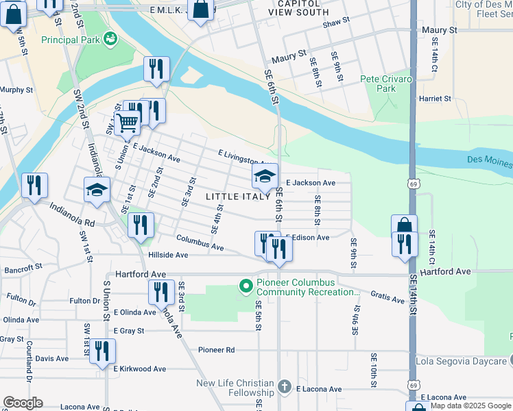 map of restaurants, bars, coffee shops, grocery stores, and more near 509 East Dunham Avenue in Des Moines