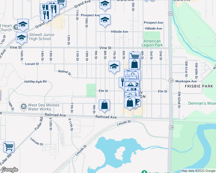 map of restaurants, bars, coffee shops, grocery stores, and more near 71 Elm Street in West Des Moines