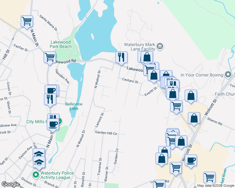map of restaurants, bars, coffee shops, grocery stores, and more near 105 Cushman Street in Waterbury