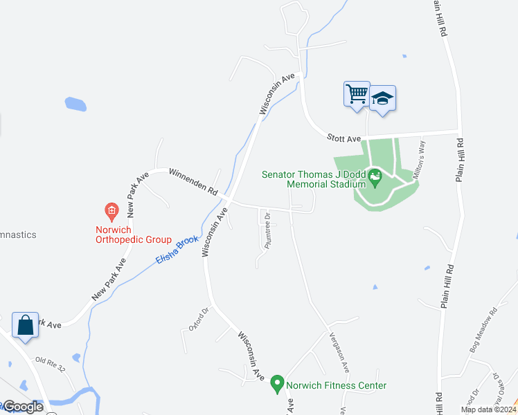 map of restaurants, bars, coffee shops, grocery stores, and more near Plumtree Drive & Hilltop Road in Norwich