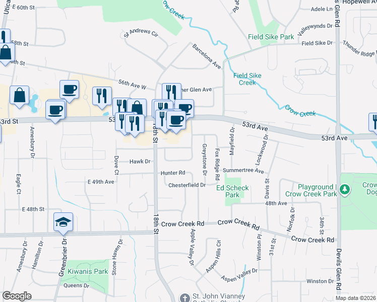map of restaurants, bars, coffee shops, grocery stores, and more near 2554 Countryside Ln in Bettendorf