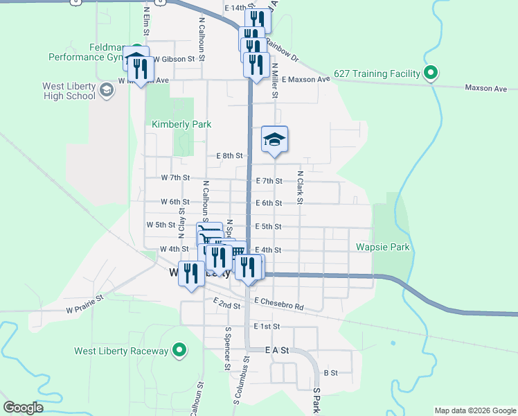 map of restaurants, bars, coffee shops, grocery stores, and more near 305 East 5th Street in West Liberty