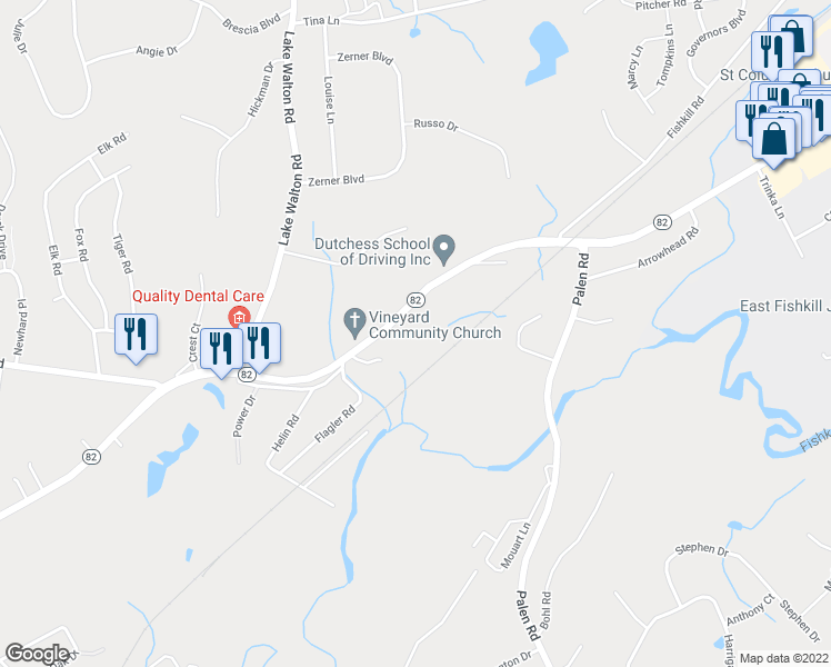 map of restaurants, bars, coffee shops, grocery stores, and more near 626 Route 82 in Hopewell Junction