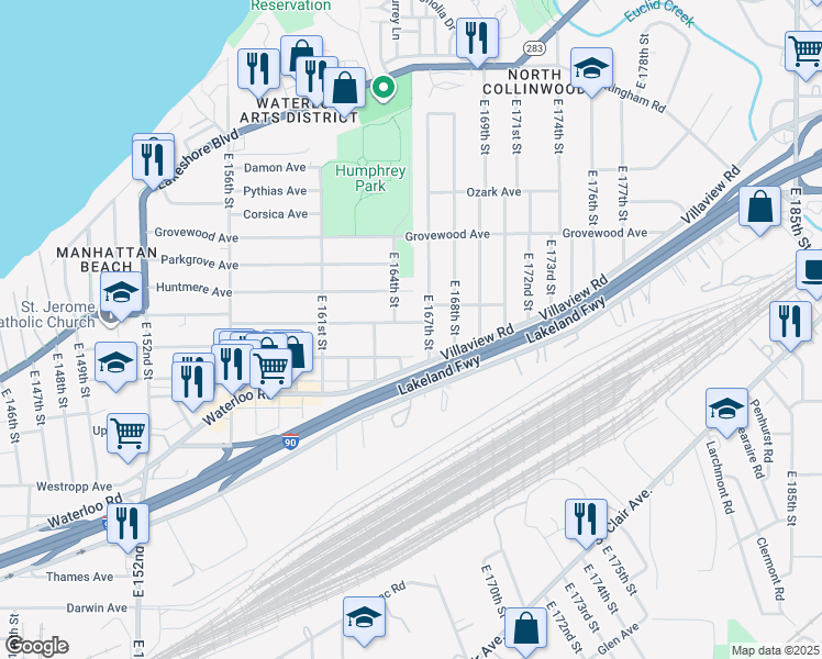 map of restaurants, bars, coffee shops, grocery stores, and more near 16409 Trafalgar Avenue in Cleveland