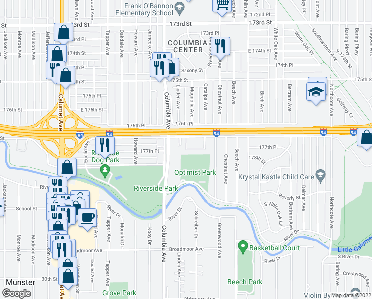 map of restaurants, bars, coffee shops, grocery stores, and more near 1200 177th Place in Hammond