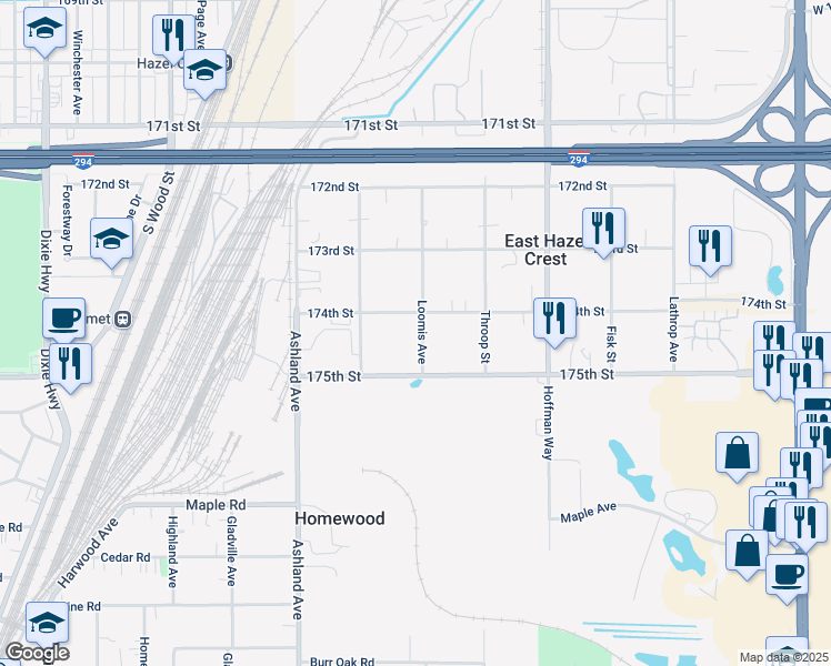 map of restaurants, bars, coffee shops, grocery stores, and more near 1440 175th Street in Hazel Crest