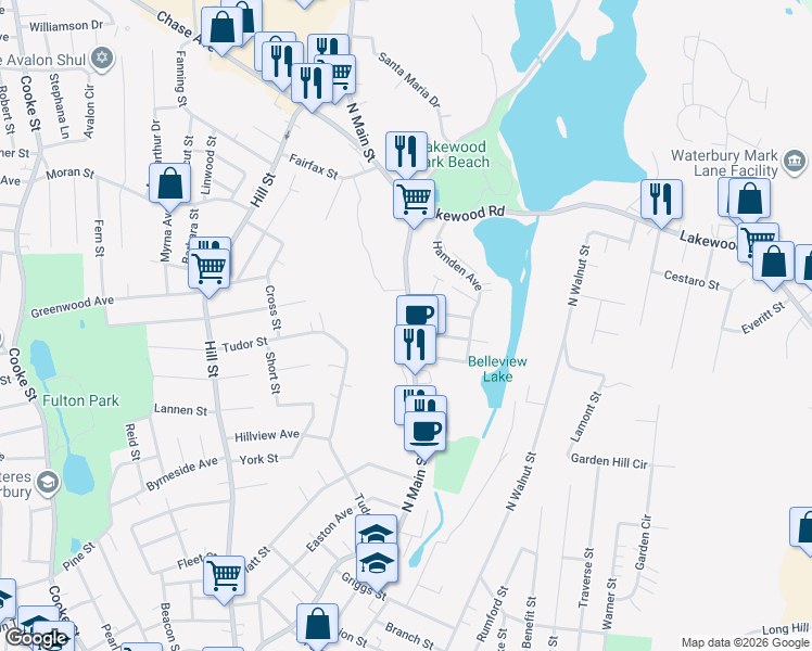 map of restaurants, bars, coffee shops, grocery stores, and more near 1617 North Main Street in Waterbury