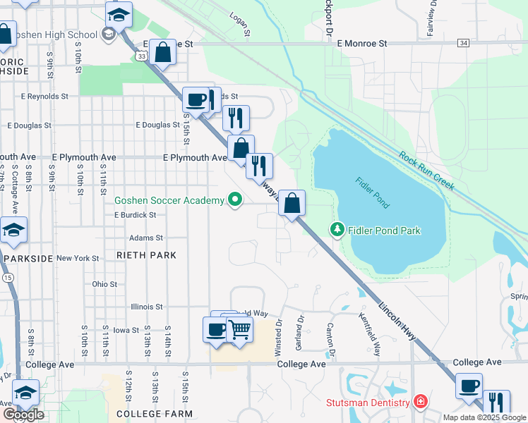 map of restaurants, bars, coffee shops, grocery stores, and more near 1375 Park 33 Boulevard in Goshen