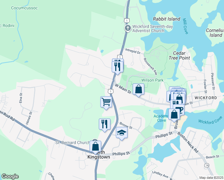 map of restaurants, bars, coffee shops, grocery stores, and more near 80 Tower Hill Road in North Kingstown