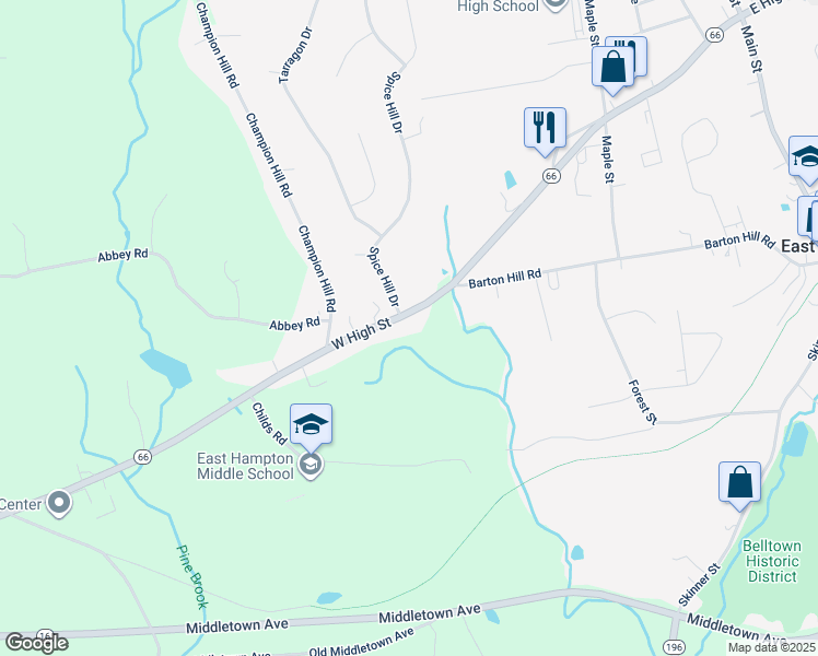 map of restaurants, bars, coffee shops, grocery stores, and more near 111 West High Street in East Hampton