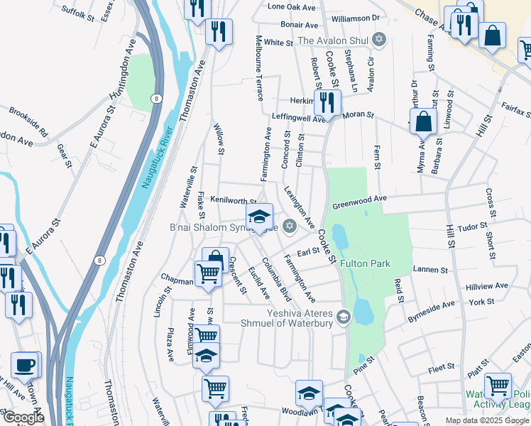 map of restaurants, bars, coffee shops, grocery stores, and more near 250 Columbia Boulevard in Waterbury