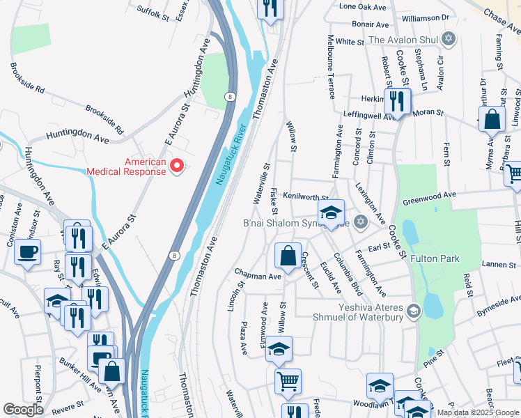 map of restaurants, bars, coffee shops, grocery stores, and more near 373 Lincoln Street in Waterbury