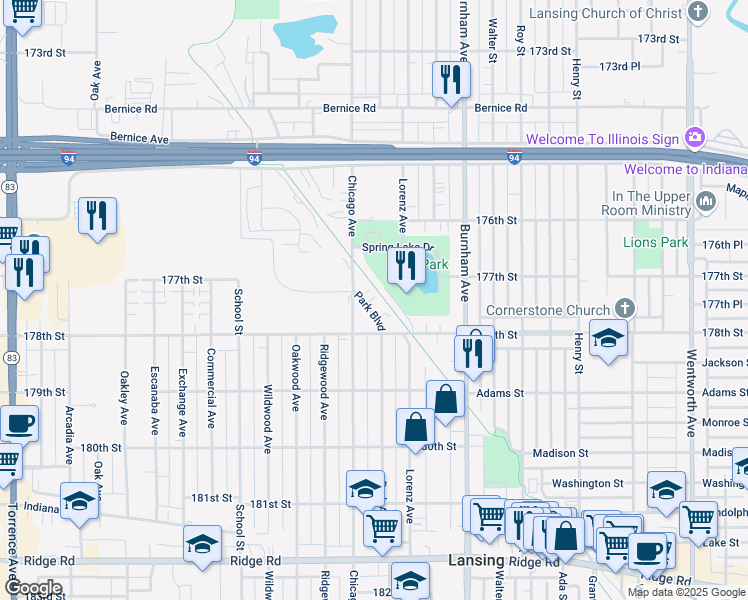 map of restaurants, bars, coffee shops, grocery stores, and more near 17735 Park Boulevard in Lansing