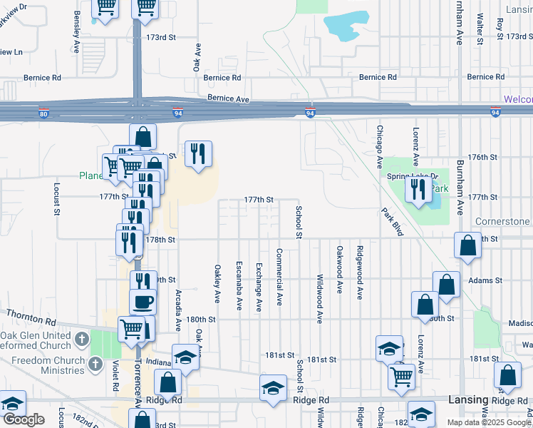 map of restaurants, bars, coffee shops, grocery stores, and more near 17738 Commercial Avenue in Lansing