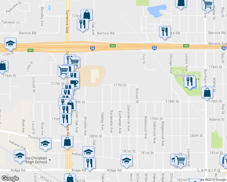 map of restaurants, bars, coffee shops, grocery stores, and more near 17740 Exchange Avenue in Lansing