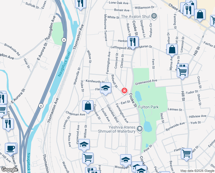 map of restaurants, bars, coffee shops, grocery stores, and more near 250 Columbia Boulevard in Waterbury