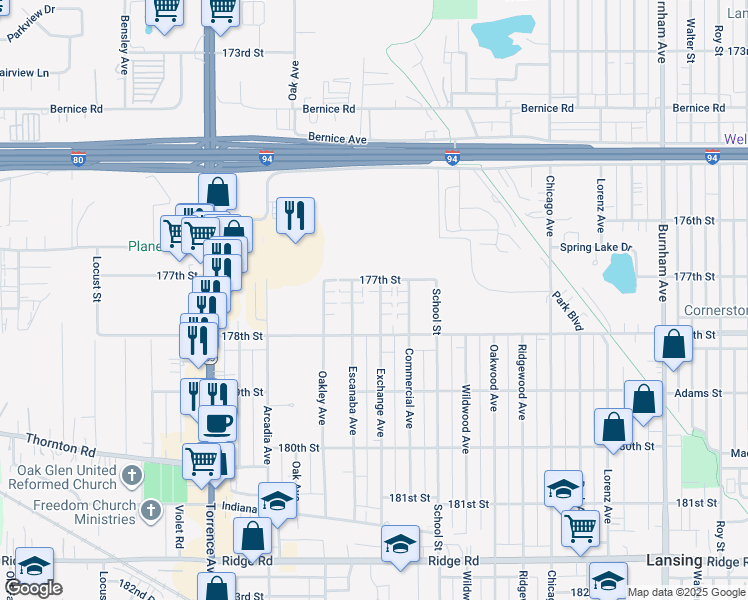 map of restaurants, bars, coffee shops, grocery stores, and more near 17720 Exchange Avenue in Lansing